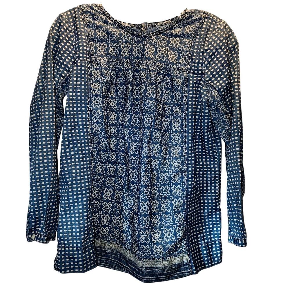 J. Crew Long Sleeve Denim Look White Pattern Tunic Swing Pleasant Shirt Size 4